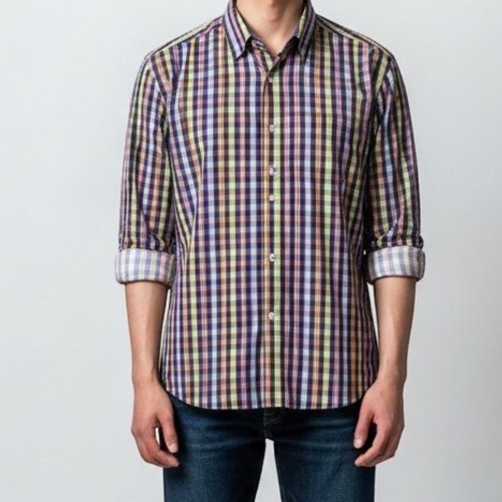 Bugatchi Uomo Button Down Shirt Mens L Multicolor Plaid Shaped Fit Cotton VS3138